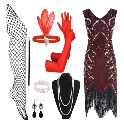 Vintage Sequin Beaded Dress Gatsby Gown Prom Headpiece Gloves Necklace 8 Pcs Set