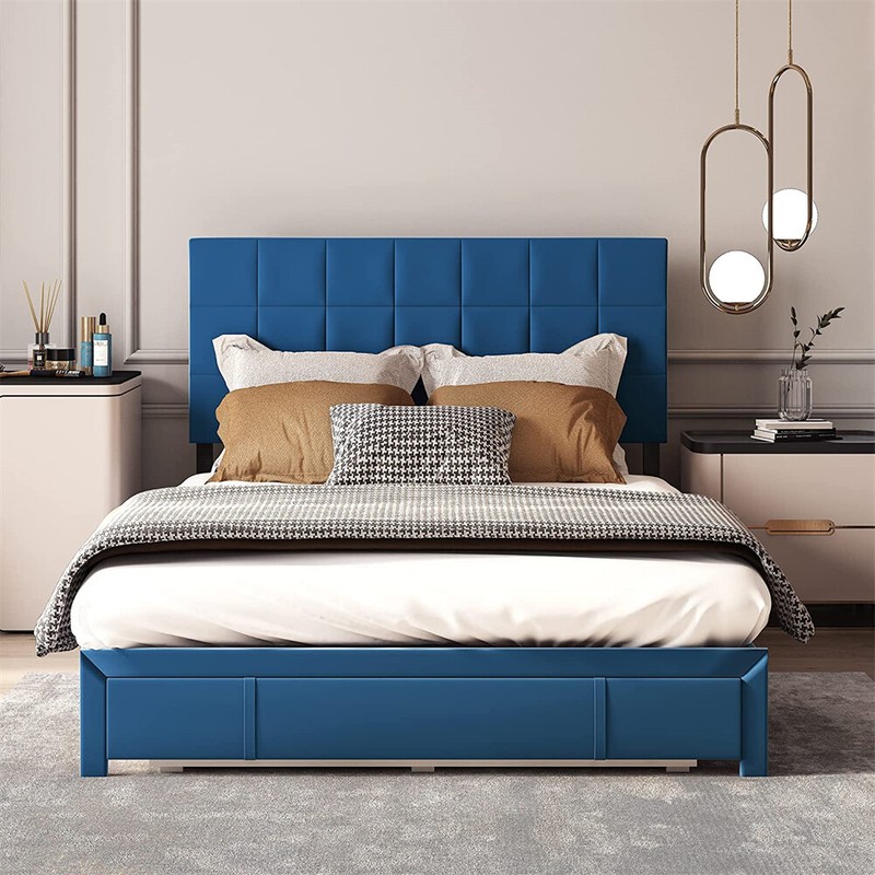 Wood Slats W/ Velvet Tufted Headboard Navy Blue Queen Size