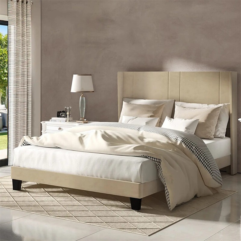 TAUS Queen Upholstered Bed Frame w/Velvet Tufted Headboard Mattress Foundation