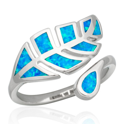 Tree Leaf Blue Fire Opal Silver Jewelry Bypass Wrap Ring Fit Size 7 8 9