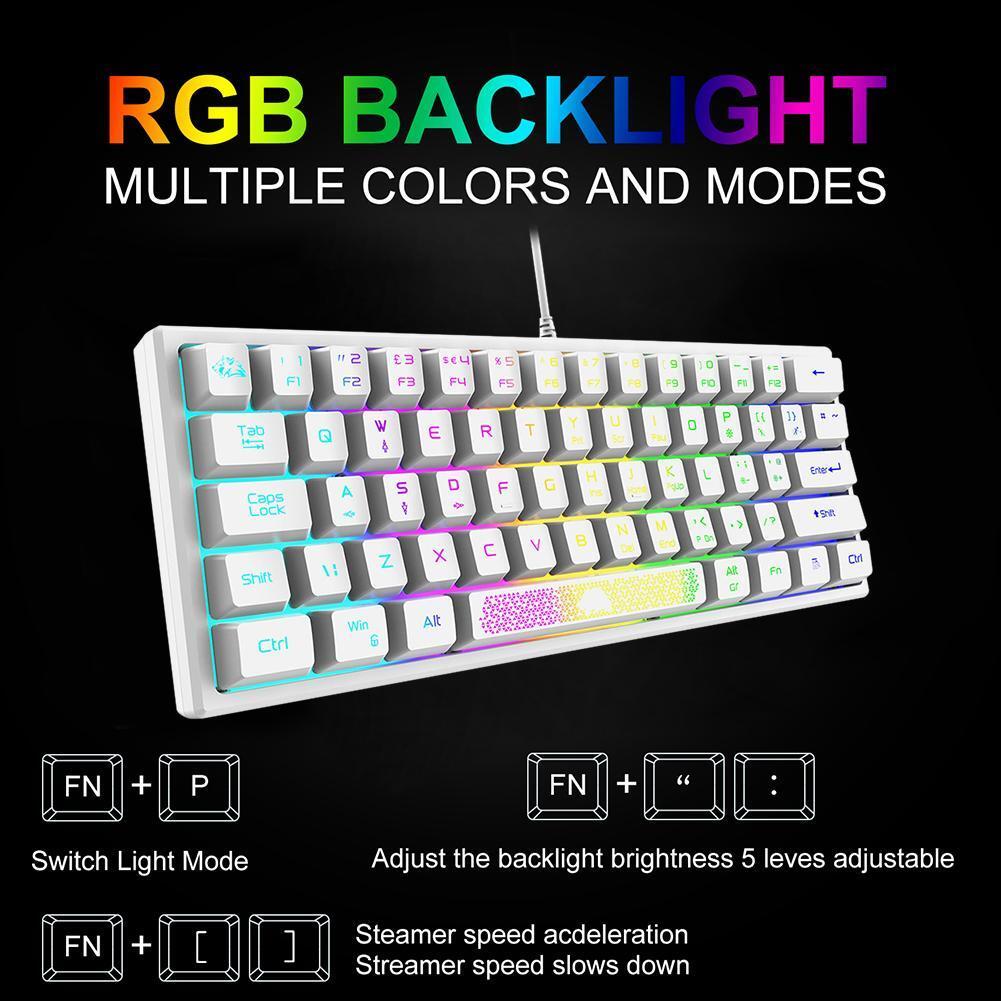 K61 RGB Wired Keyboard 60 Percent 62 Keys Ergonomic Gaming Keyboard (White)