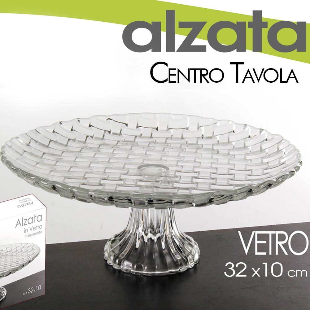 Centrotavola Alzata Porta Frutta Vetro Intreccio Trasparente 32x10cm dfh