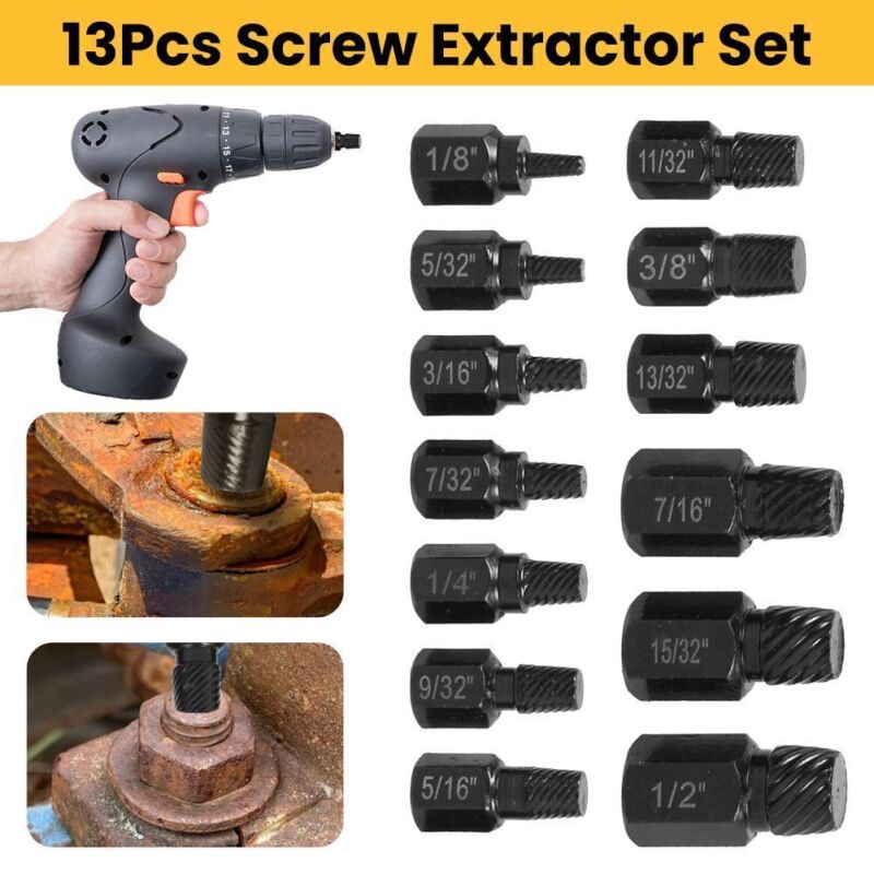 13PCS Heavy-Duty Damaged Screw Extractor Set Easy Out Broken Bolt Remover Kit GU