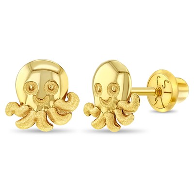 IN SEASON JEWELRY SMILING OCTOPUS TODDLER / KIDS / GIRLS EARRINGS SAFETY SCREW BACK - 14K GOLD