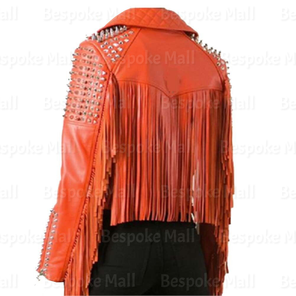 Pre-owned Handmade Woman Orange Silver Studded Brando Cowhide Leather Jacket With Fringes-22