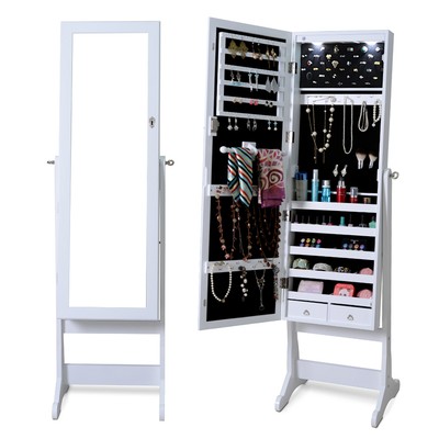 Lockable Mirrored Jewelry Cabinet Armoire Organizer Storage wStand amp LED Lights