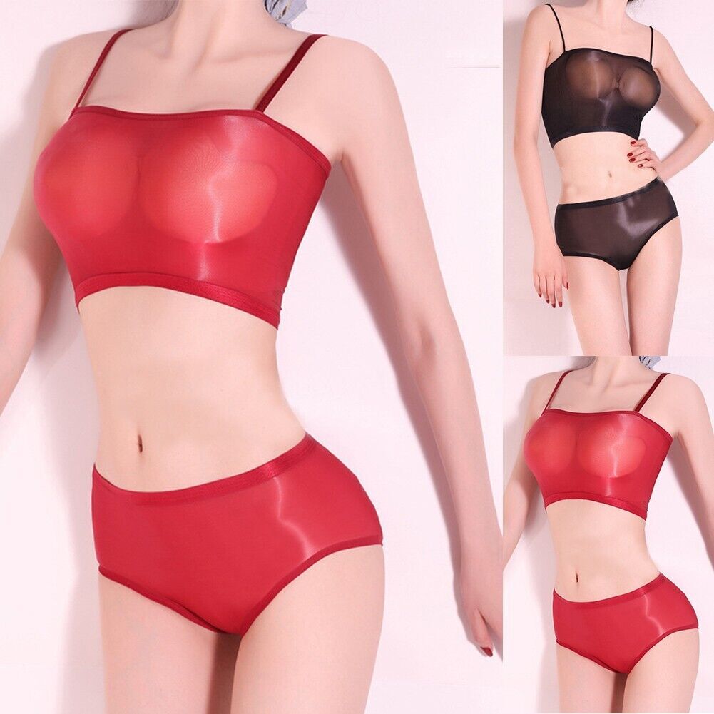Seamless High-density Oily Sheer Tube Top Bra Panties Underwear Briefs