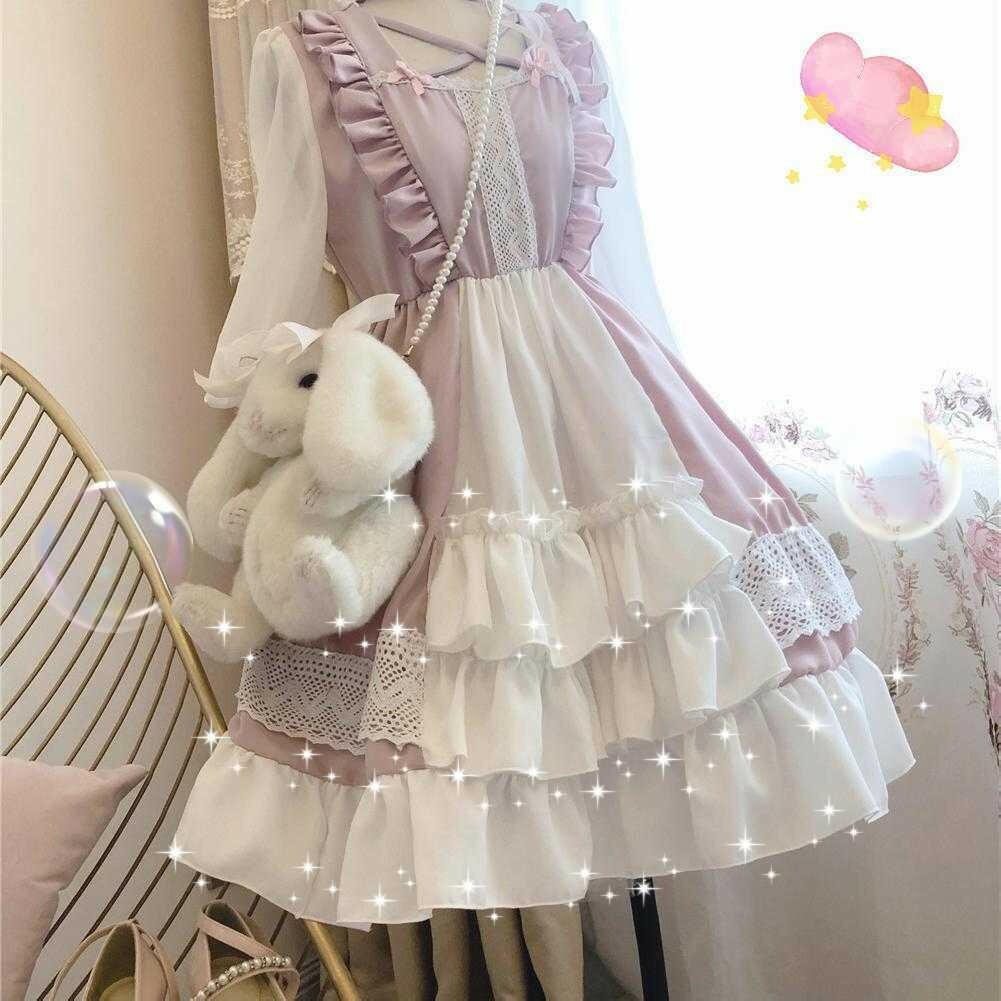 Damen Mädchen Kleid Cosplay Lolita Kostüm Süß Kawaii Rüschen Puffärmel Pink