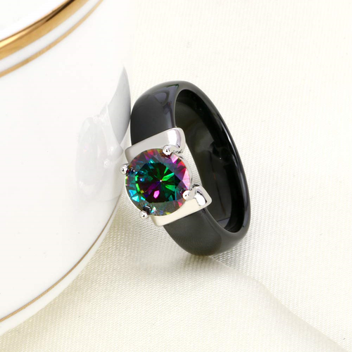 TUHE Big Round Cubic Zirconia Eternity Ring Bling Rainbow Wedding Band Ceramic