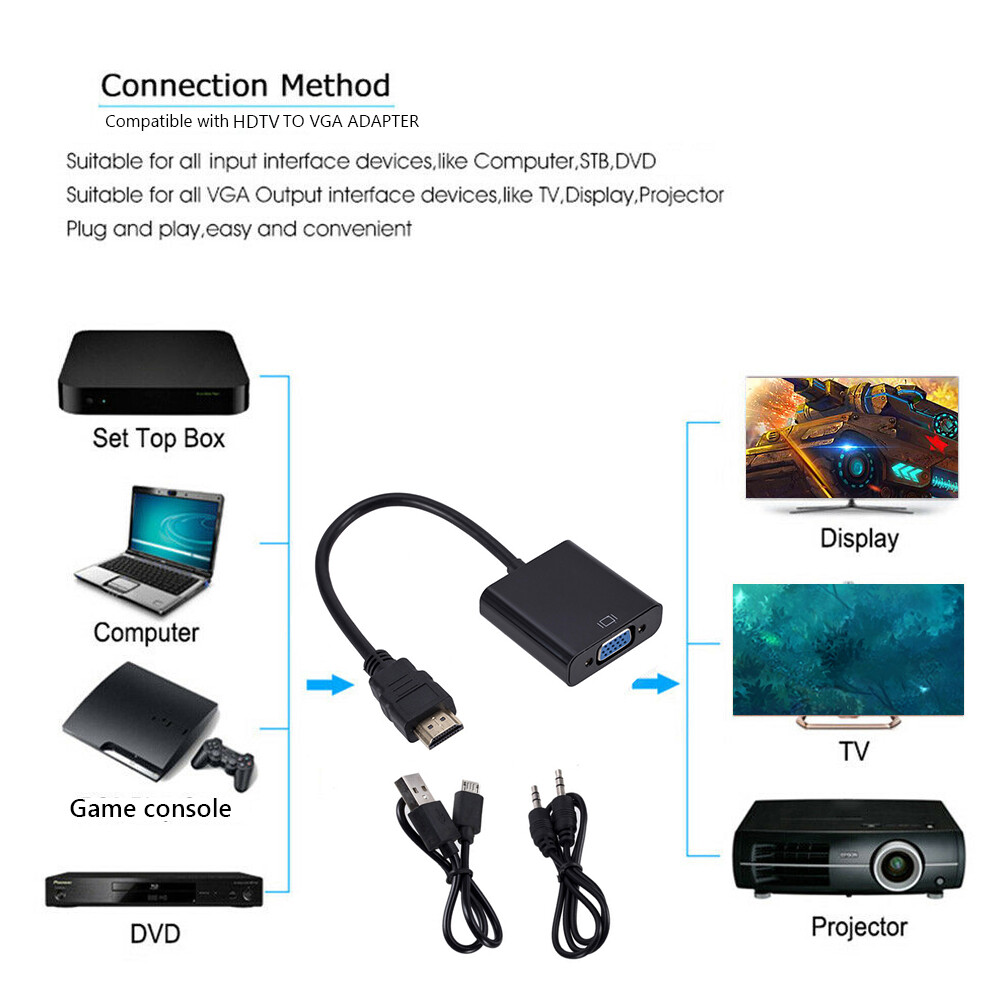1080P Full HD HDMI-Compatible Male to VGA Female Adapter with Cable+Power Cables