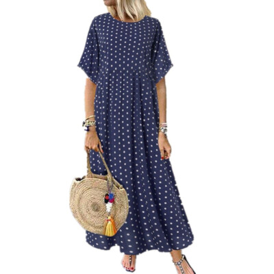Damen Short Ärmel Polka Dot Langes Kleid Lose Baggy Kaftan Maxikleid Sommerkleid