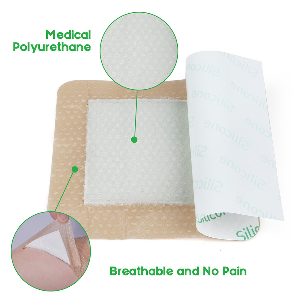 50PCS 4X4 Inch Foam Wound Dressing Sterile Waterproof Silicone Adhesive