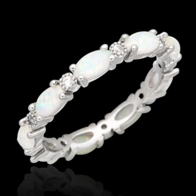 Full Circle White Fire Opal CZ Women Silver Jewelry Eternity Ring Size 6 7 8 9