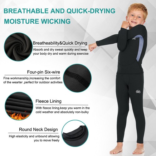 Thermal Underwear for Boys Long Johns Fleece Lined Set, Shirt & Pants Base Layer