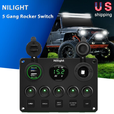 5 Gang Multi Function Rocker Switch USB Charger + Digital Voltmeter +12V Outlet