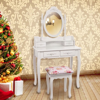 White Vanity Makeup Dressing Desk Set wStool 4 DrawerampMirror Jewelry Wood Table