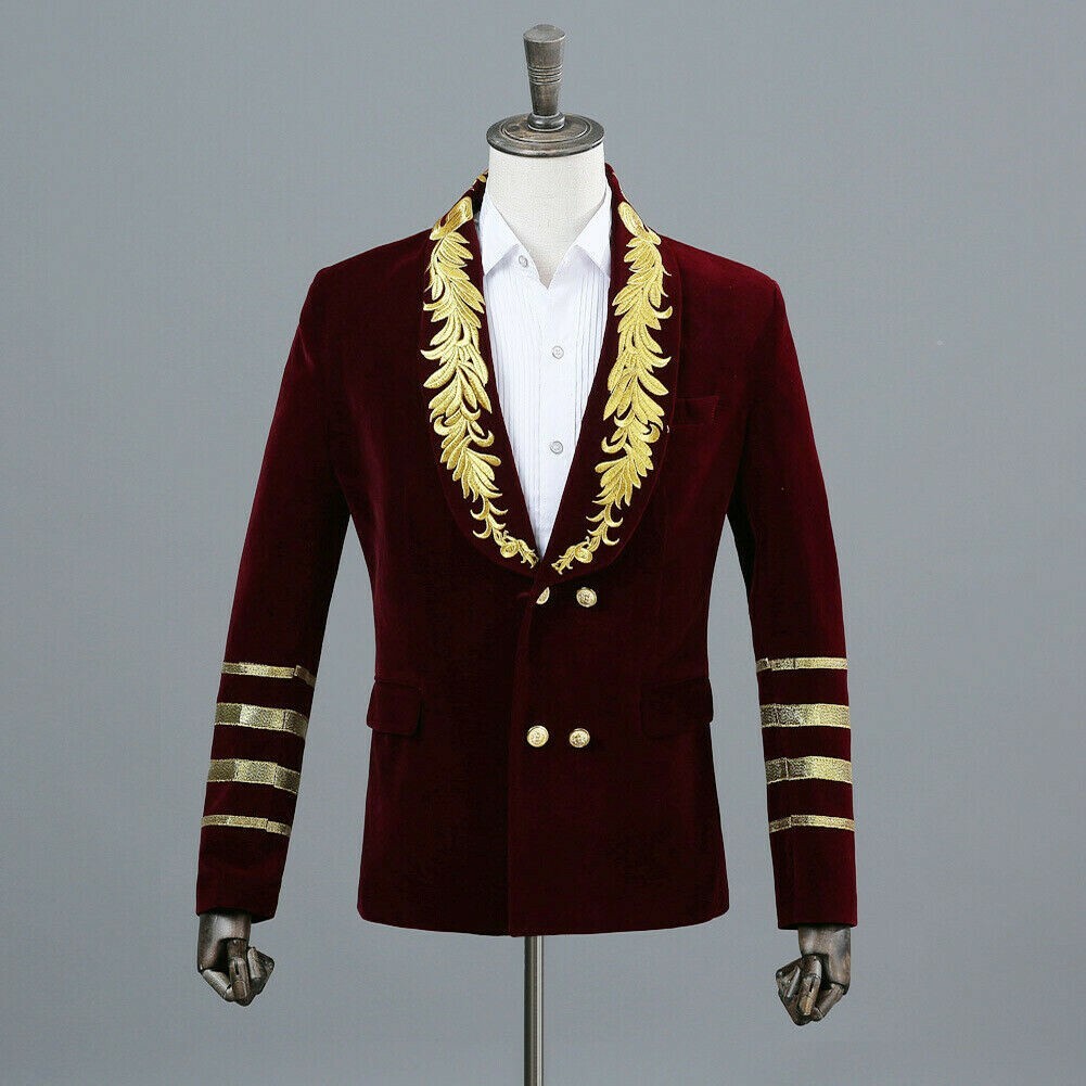 Mens Embroidered Velvet Double-breasted Suit Jacket Blazer Groom Wedding SPW