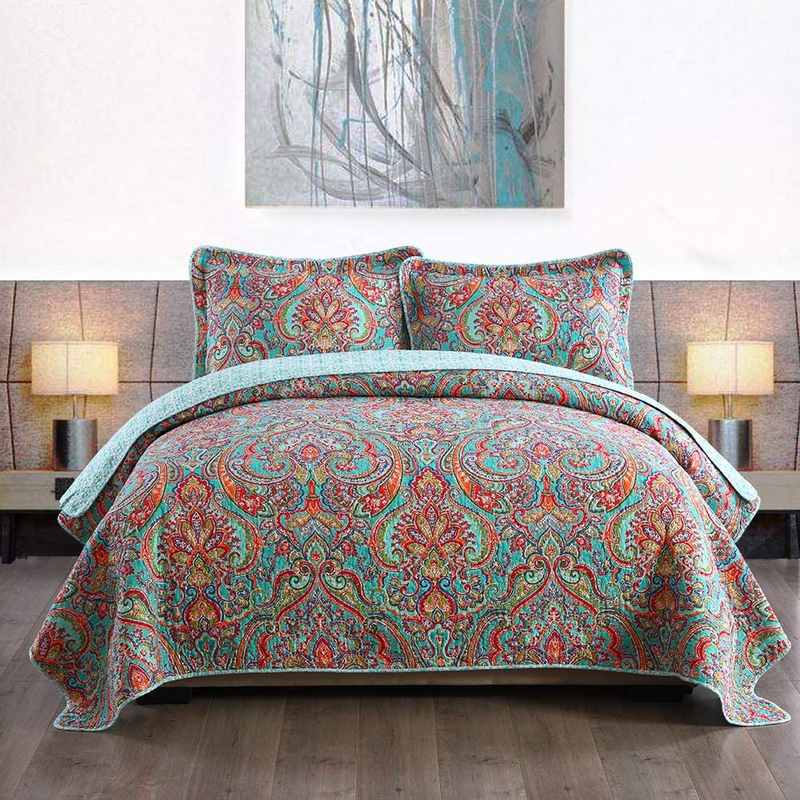 NEWLAKE Cotton Bedspread Quilt Sets-Reversible Patchwork Cov
