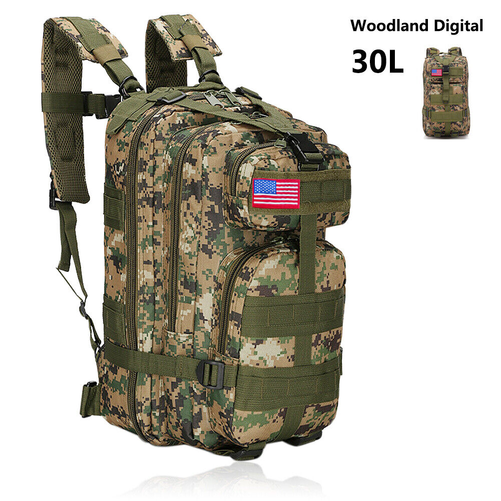 Color:Woodland Digital:30L Military Molle Tactical Backpack Rucksack Camping Hiking Bag Outdoor Travel