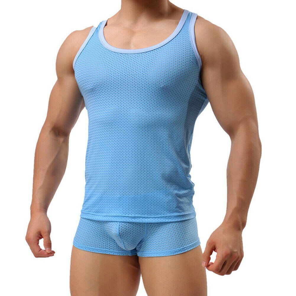 Mens Mesh Breathable Vest Tank Tops Stretch Sleeveless T Shirt Running Gym