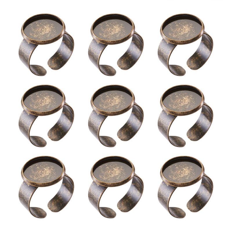 10 Brass Adjustable Cuff Ring Blanks w/ Round Bezel Setting Cup Bronze 14mm Tray