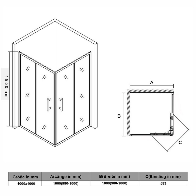 Duschkabine Duschabtrennung SchiebetÃ¼R Eckeinstieg 5mm Esg 100x100x185/195cm