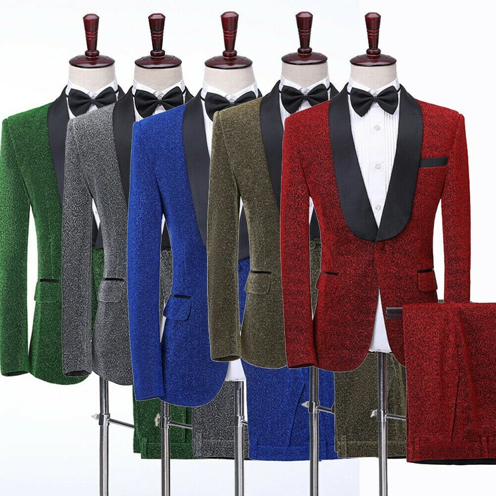 Mens Lurex Shawl Lapel Suit Jacket Pants Groom Tuxedo Prom Dinner Costume