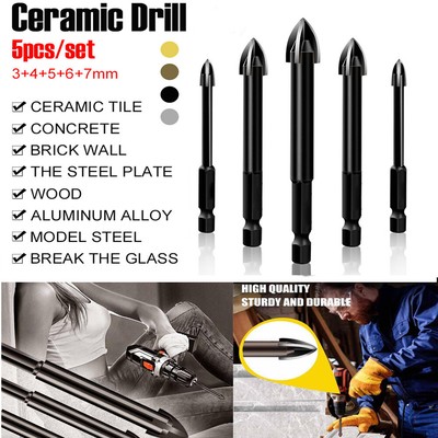5Pcs 1/4'' Hex Shank Tile Drill Bit Set 3/4/5/6/7mm Drilling Bit Cemented Carbide