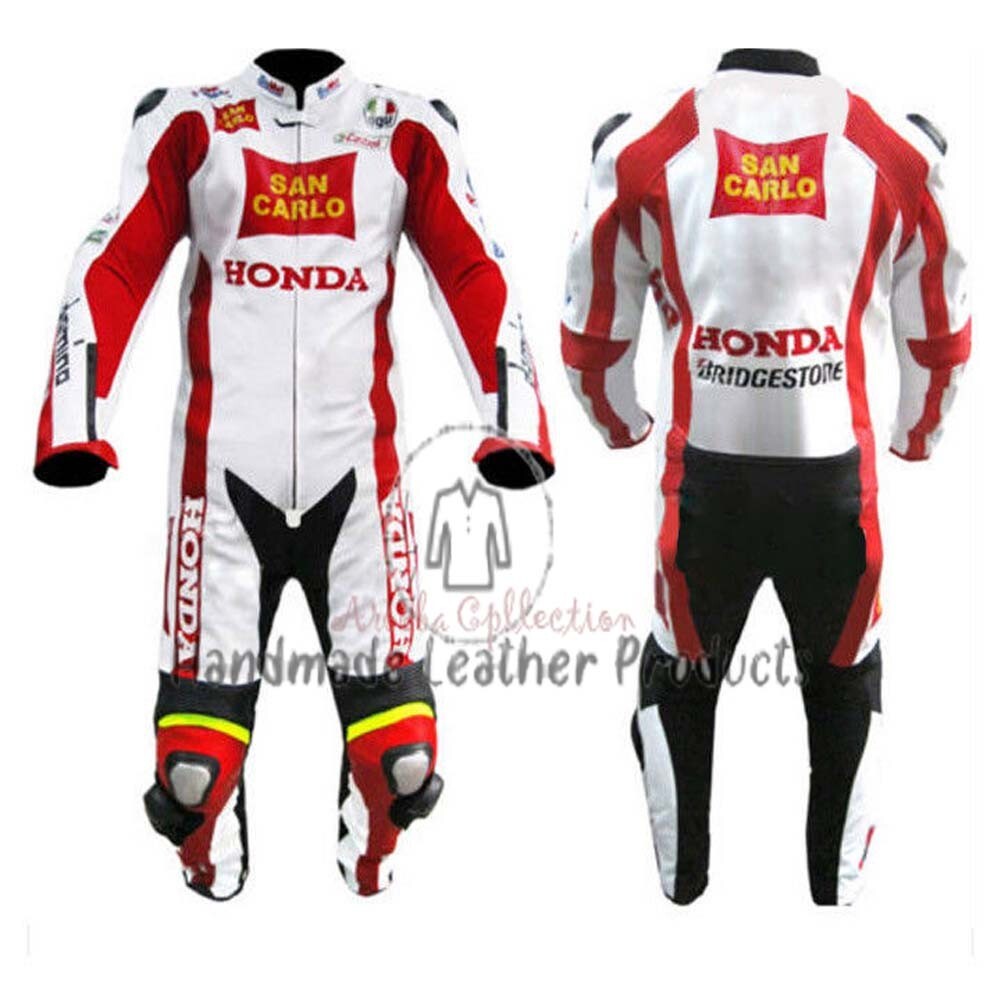 HONDA HANDMADE MEN'S HONDA SAN CARLO RED WHITE RACING MOTORCYCLE GENUINE LEATHER SUIT