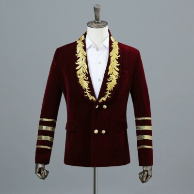 Mens Embroidered Velvet Double breasted Suit Jacket Blazer Groom