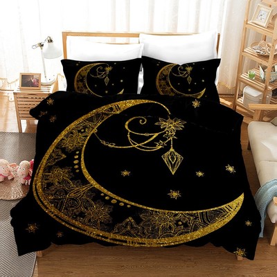3D Black Gold Moon Star Pattern Quilt Cover Set Duvet Cover Bedding Pillowcases