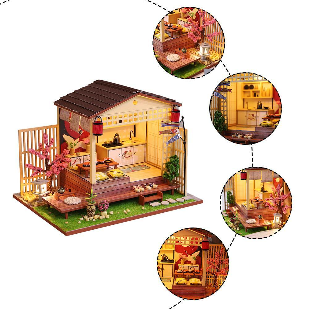 Diy Dollhouse Mini Cherry Blossoms House Japanese Style Led Kits