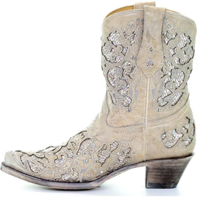 Pre-owned Corral Boots Corral Women's White Glitter Inlay & Crystals Ankle Boots (a3550-ld)