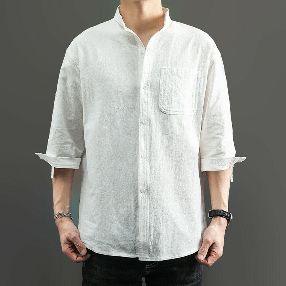 Mens Linen Button Down Short Sleeve Shirt Grandad Mandarin Collar Top Blouse