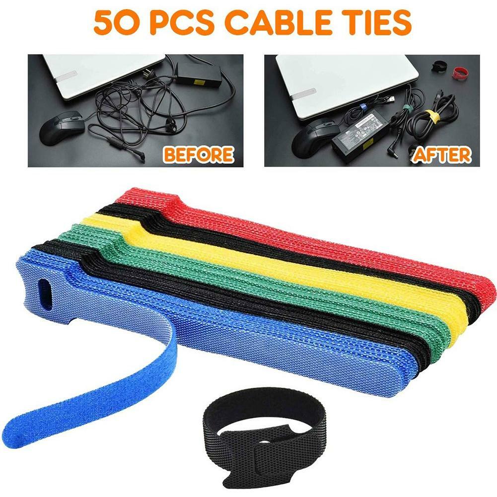 50X Adjustable Reusable Cable Tie Nylon Hook Loop Tidy Strap Cord Ties Organizer