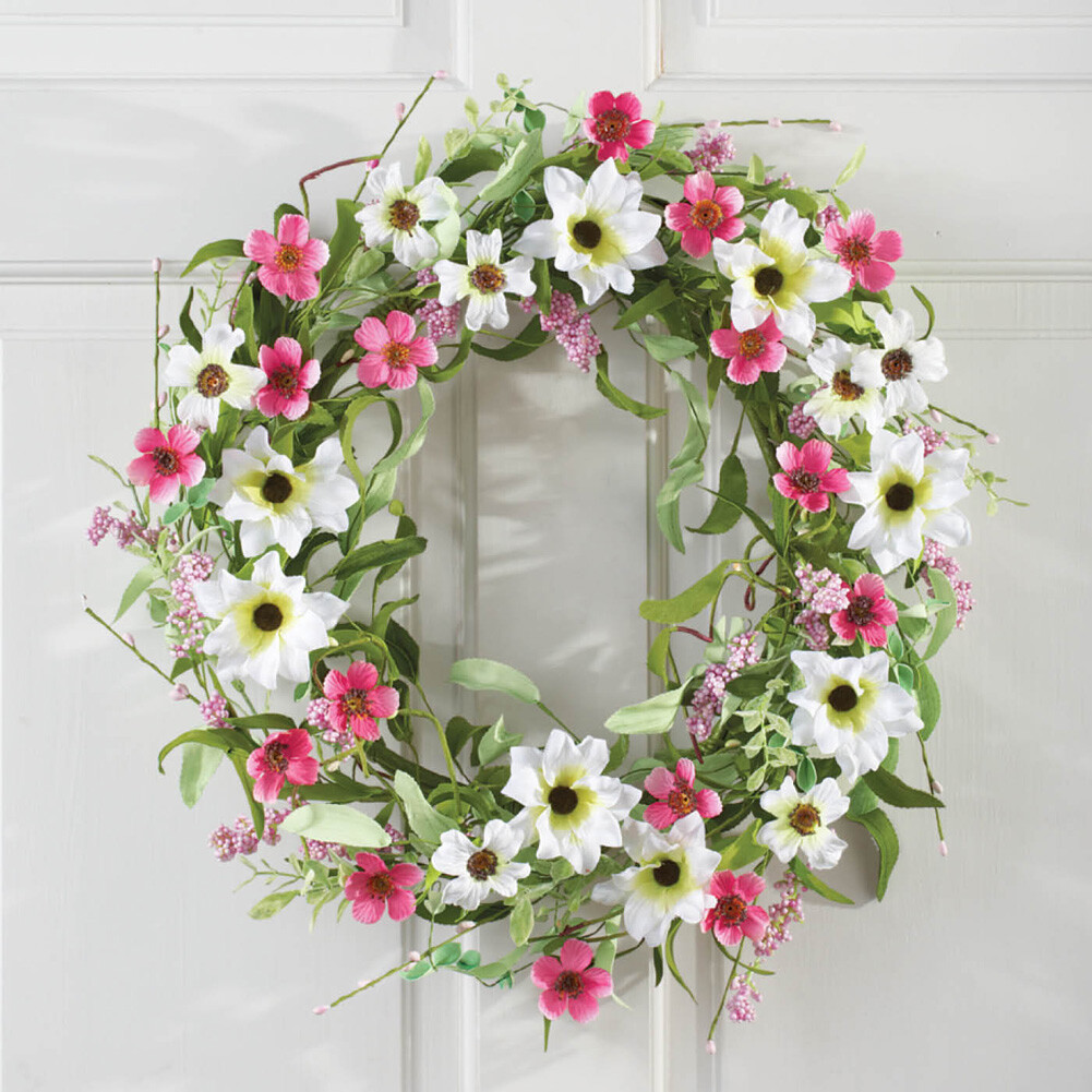 Wild Flowers Pink & White Floral Door Wreath Wall Decor Summer Spring Decor