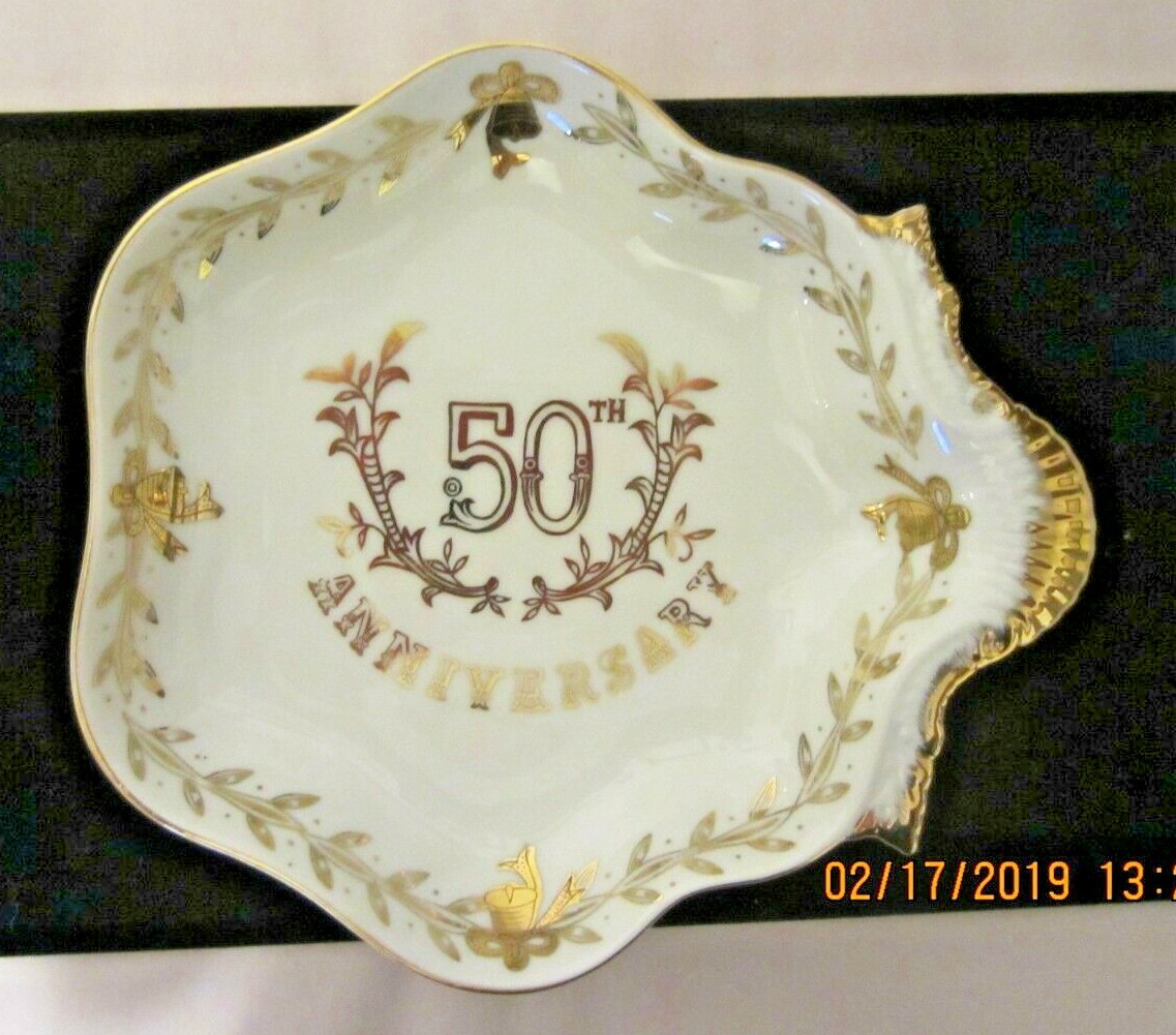 Lefton #7727 Hand Painted Gold 50th Wedding Anniversary Cake/Serving China Plate