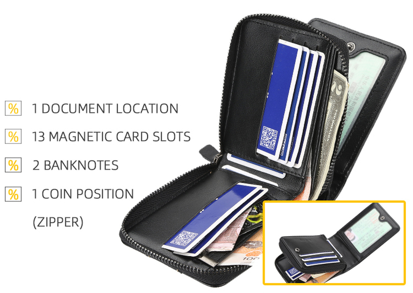 Mens Genuine Leather Zipper Wallet RFID Blocking Bifold Zip Around Card Holder