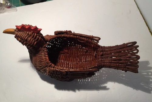 Brown Rooster Hen Chicken Miniature Rattan Wicker Woven Basket Folk Art VTG