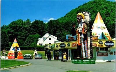 Postcard Mohawk Tepee Roadside Gift Shop Big Indian Statue Shelburne Falls MA 
