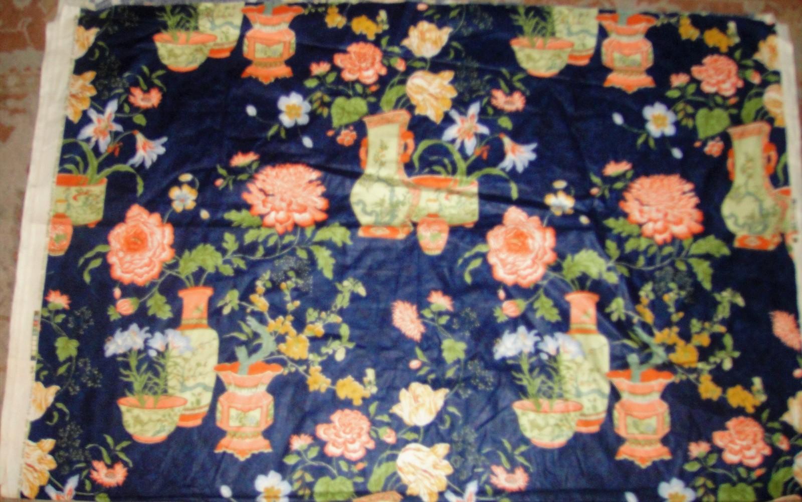 Vintage 4 Yds Bloomcraft Glazed Cotton Navy Asian Vases Chintz Fabric Oriental