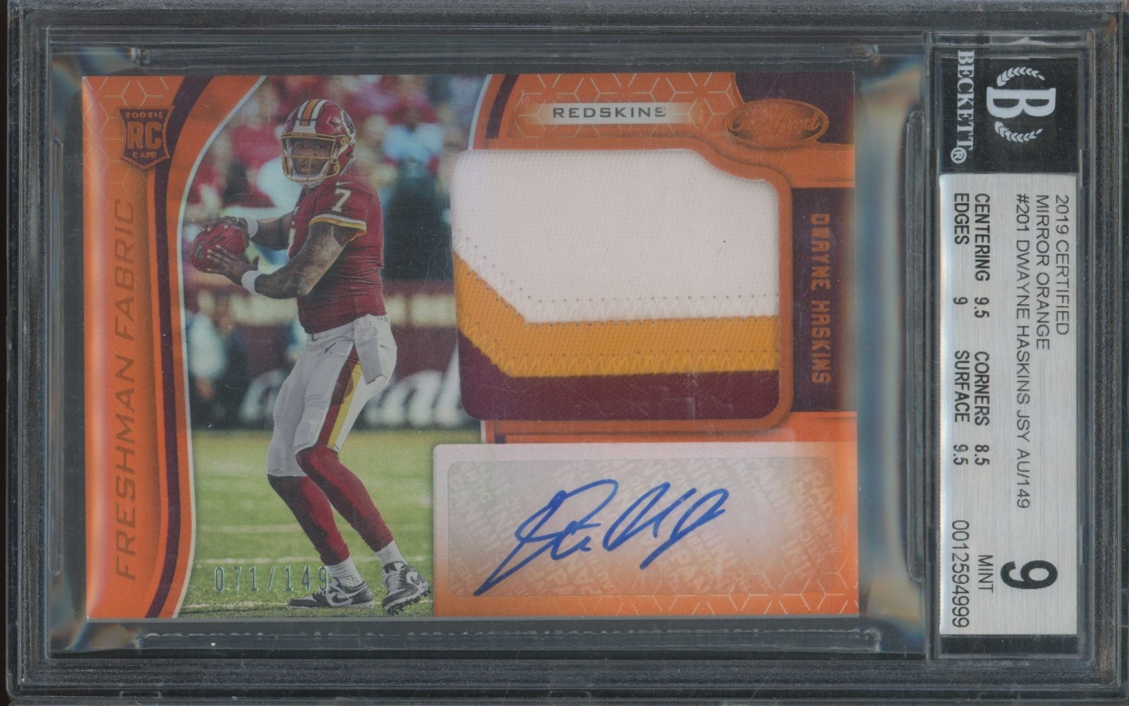 2019 Panini Certified Orange Dwayne Haskins /149 Patch RC Mint BGS 9 10 Auto