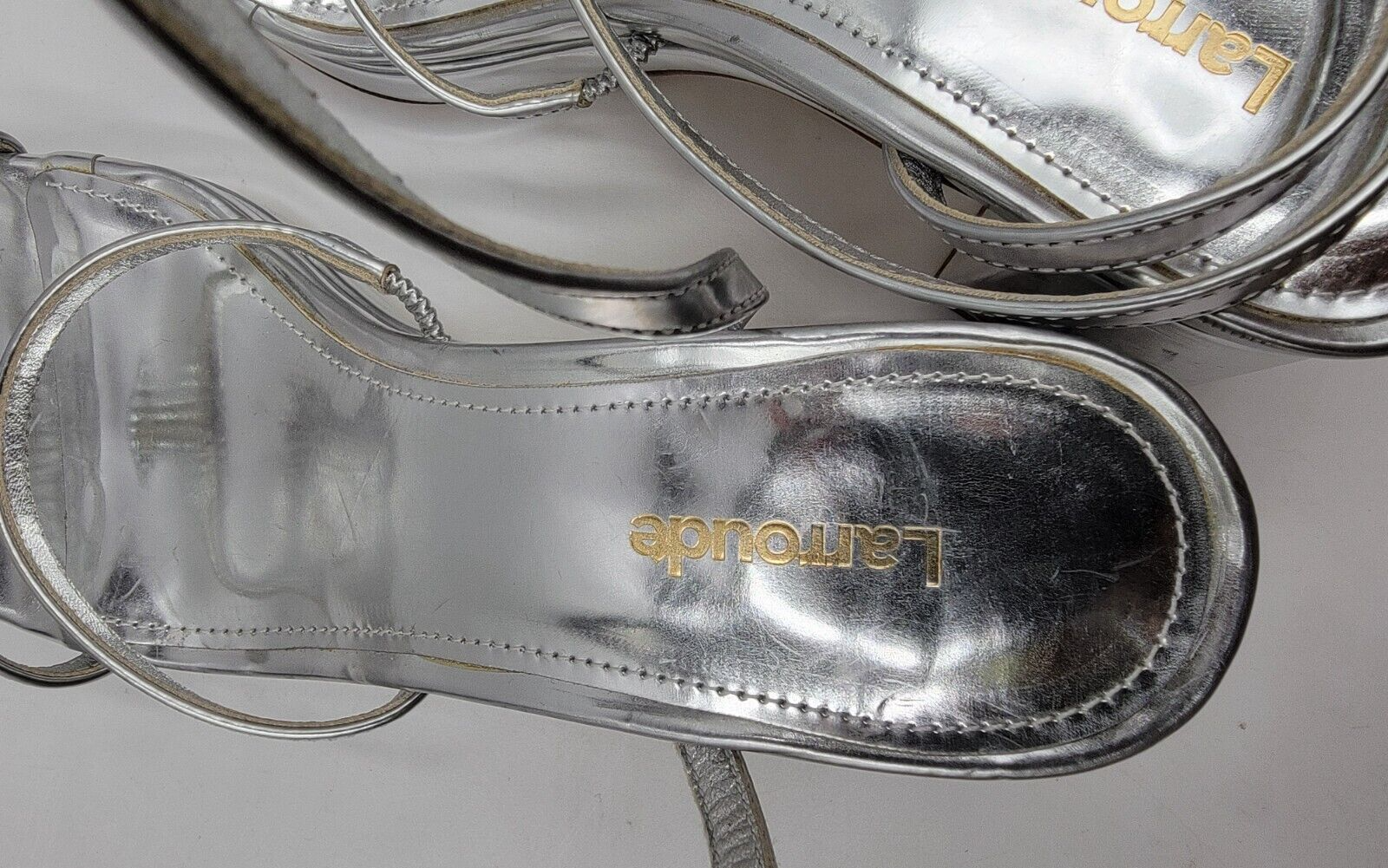 Larroudé Gio Specchio Leather Sandals Women's 5.5 Silver Mirror Open Round Toe - Picture 8 of 19