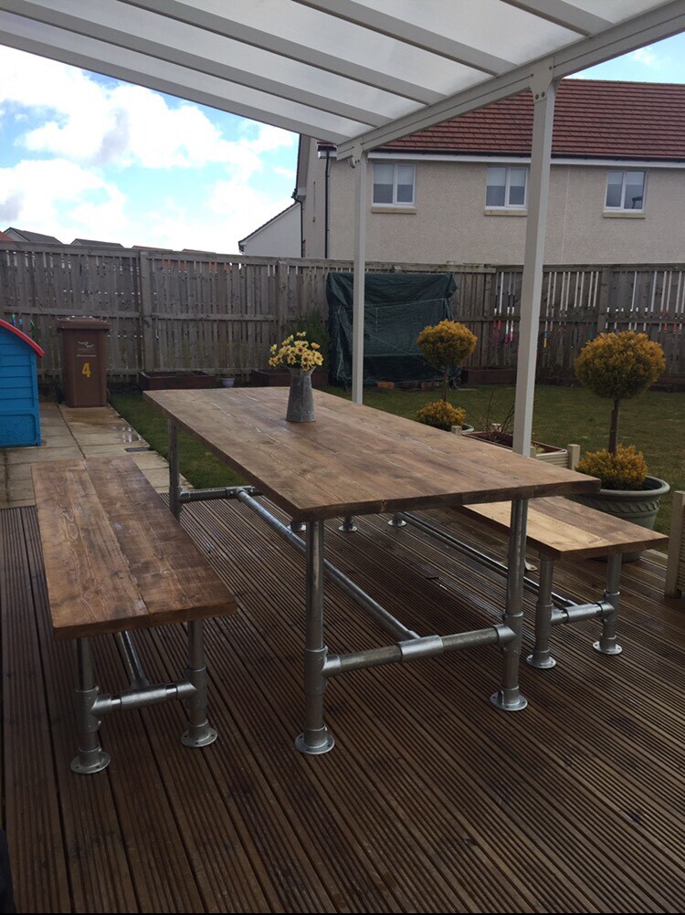 Solid handmade outdoor/garden dining table and bench set scaffold