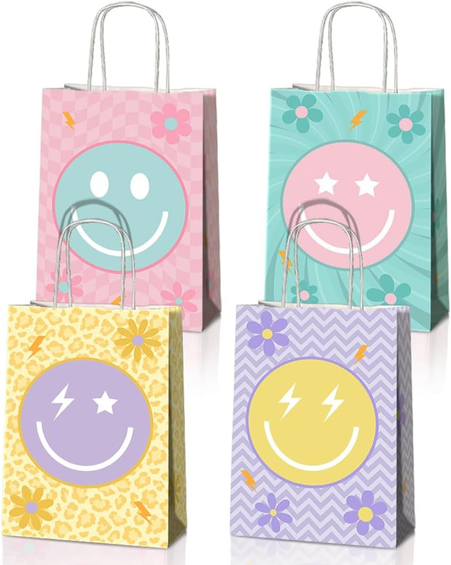 JOYGATHER 24 Pcs Smile Face Party Favors Bags with Handles, Pastel Goodie Bags,