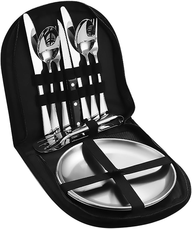 10PCS Stainless Steel Outdoor Cutlery Set with Carry Bag, Portable Silver Campin
