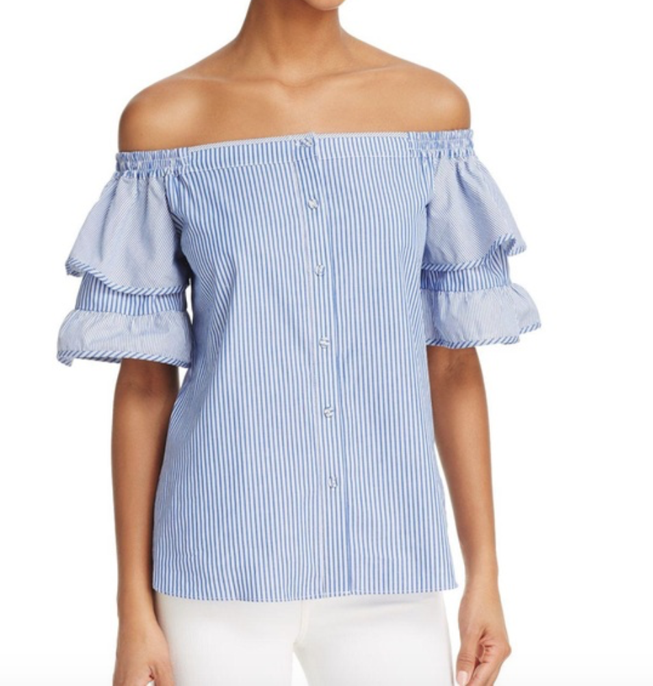 トップス Blue Parker Parker Blue White Striped Off The Shoulder Cotton Top Sz XS