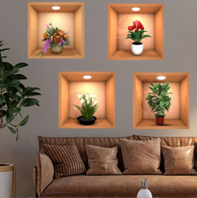 4PCS Potted Green Plant Mural Stickers Self-adhesive Living Room Wall Decals Art