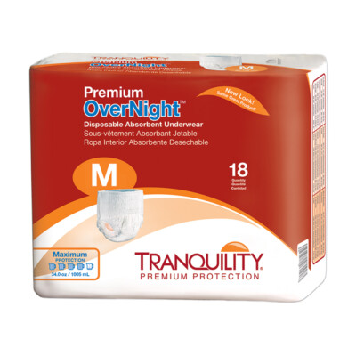 Tranquility Premium Overnight Absorbent Brief, Medium, 34''-48'', Pack of 18