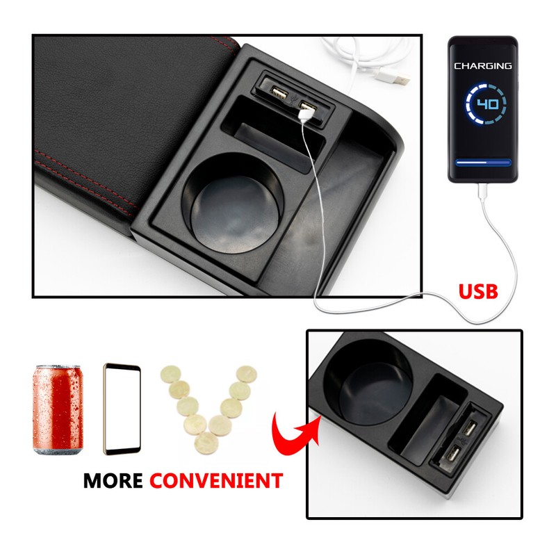 Universal Car Armrest Lid Cover Center Console Storage USB Cup-Holder Organizer